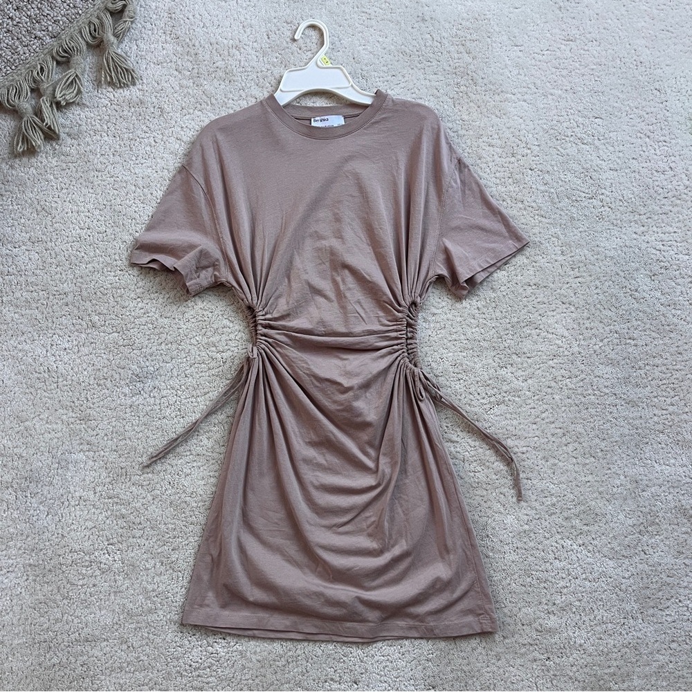 Ruched Taupe T-Shirt Dress- Open Cut out on sides (expandable or retractable)